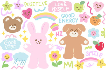 Teddy bear, bunny, puppy, flowers, star, heart, apple, orange, rainbow, rain and clouds for cartoon character, card print, animals, zoo, souvenir shop, cute patch, toy, doll, nature, park, garden, ads