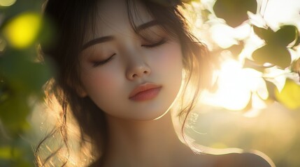 Fototapeta premium Portrait of a Woman with Closed Eyes and Sunlight Filtering Through Leaves