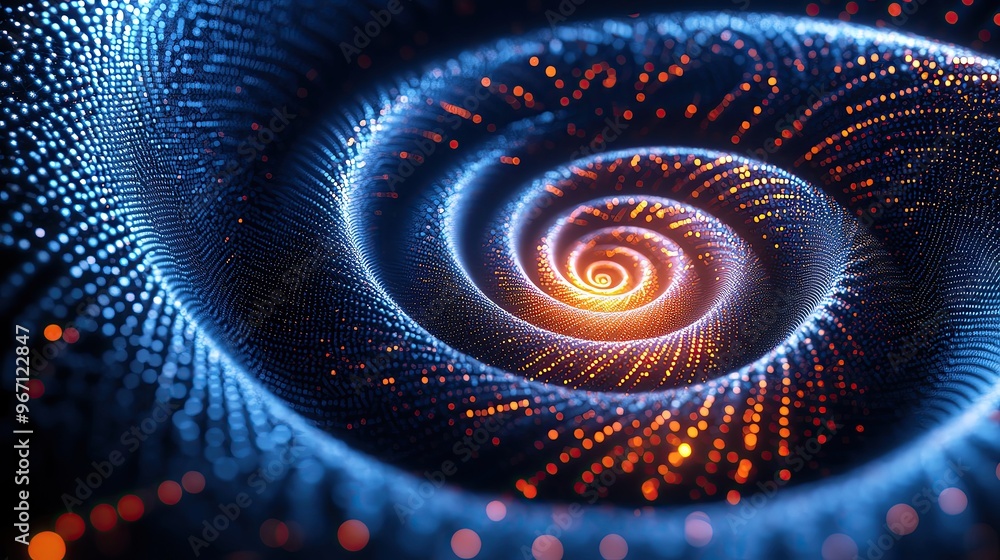Poster a captivating abstract spiral composed of luminous particles, creating a mesmerizing visual effect o