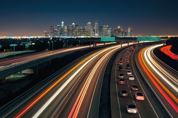Urban Nightscape of Traffic Jams with Vibrant Light Trails on a Bustling Highway Skyline