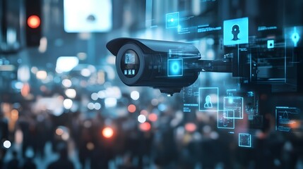 Surveillance Camera with Digital Overlay in City Street