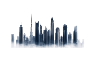 a city skyline with fog