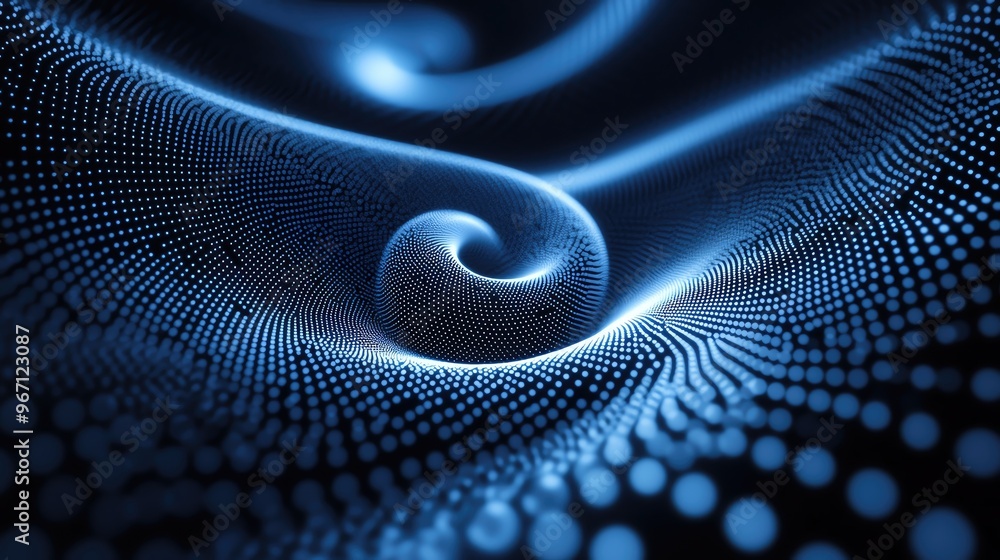 Poster a captivating abstract wave of blue light, featuring a mesmerizing swirl of particles and a deep sen