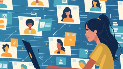 70. Creative image collage depicting a female employee using a netbook to search for job opportunities online, highlighting the concept of recruitment and hiring