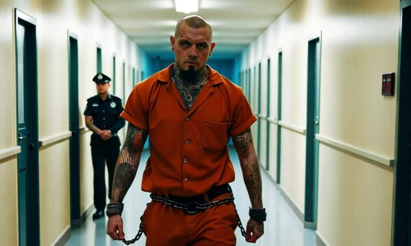 a male prisoner with a fierce face and tattoos was escorted by a policeman