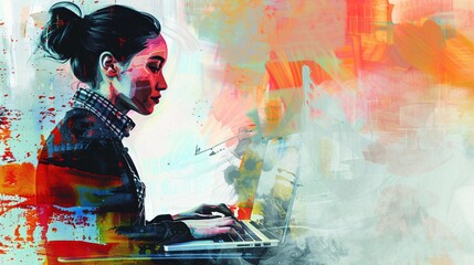 72. Detailed collage template of a lady employee searching for job offers on a netbook, blending painting and digital elements to illustrate the concept of recruitment and hiring