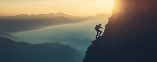 Climber Silhouette on Mountain Peak at Sunrise with Fog