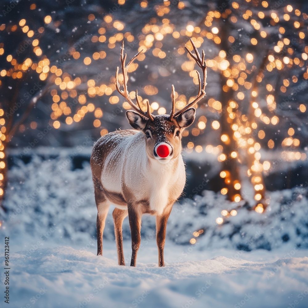 Poster A reindeer with a red nose stands in a snowy forest with twinkling lights.