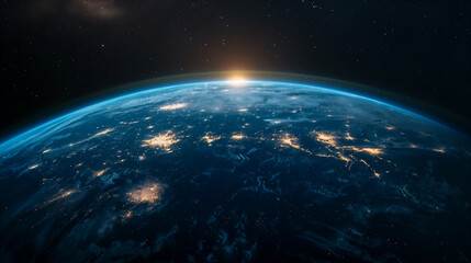 Obraz premium View of Earth from space, blue planet with city lights on dark cosmic background. Generative AI