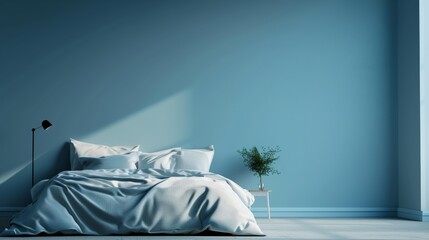 Modern Minimalist Bedroom with Sunlight and Cozy Bedding in Tranquil Blue Theme