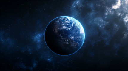 View of Earth from space highlighting vibrant blue atmosphere on dark background. Generative AI