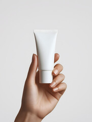 High-Resolution Hand Holding White Face Cream Tube Mock Up