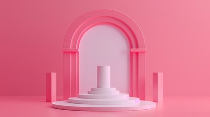 Modern Minimalist Pink Abstract 3D Podium Background with Arch and Pedestal for Product Display