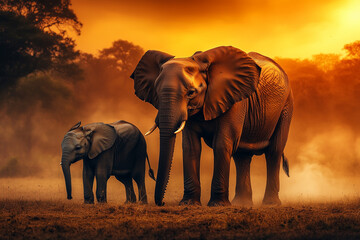 Fototapeta premium Elephant family grazing in a savannah with dust clouds rising from the ground