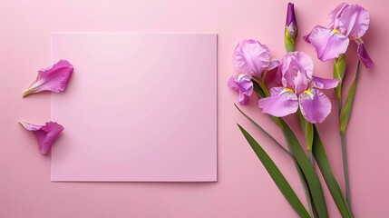 90. Elegant botanical-style invitation card with irises on a pink background, designed as a luxury template for weddings, concerts, and special events