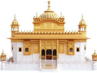 a gold and white building with Harmandir Sahib in the background