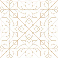 Gold and white thin line seamless vector pattern. Geometric floral linear pattern. Oriental art deco texture background.