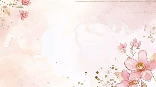 99. Elegant wedding invitation vector with a pink floral watercolor texture, gold sparkle details, and a refined gold border, ideal for a sophisticated spring event