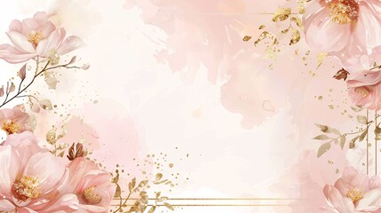 102. Detailed luxury wedding invitation card vector with a pink floral watercolor background, gold sparkles, and an elegant gold border, ideal for creating invites and templates