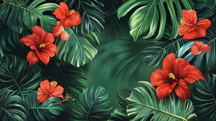 Tropical Flowers and Leaves on Blue Background