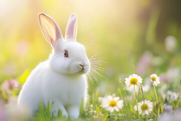 Obraz premium White rabbit sitting in a field of wild flowers