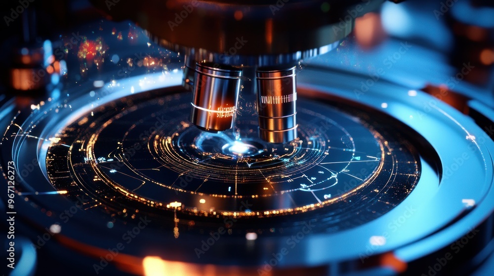 Poster close-up of a microscope lens with a digital interface