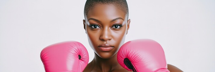 Confident black female boxer, wearing pink gloves, posing on a white background. The symbol of strength and resilience in sports. It also expresses the determination to fight cancer