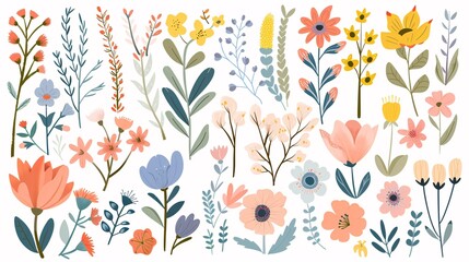 114. Comprehensive collection of spring colorful flower elements in vector format, with wildflowers, leafy branches, and foliage on a white background, perfect for creating hand-drawn decor, Easter