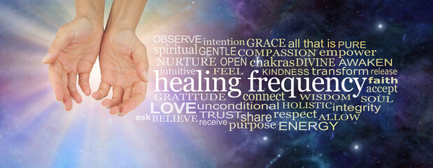 Cosmic Healing Frequency Word Cloud  - female healing hands cupped beside a HEALING FREQUENCY word...