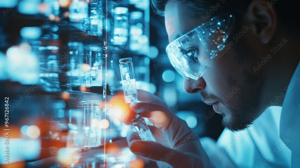 Poster scientist examining a vial in a lab setting