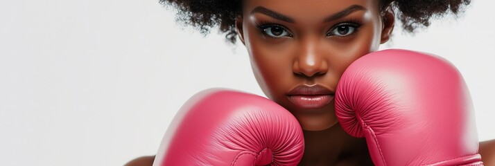 Strong black boxer in pink gloves, isolated on white with text space. Dynamic close-up portrait exuding power and determination.