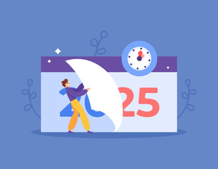 concept of changing year 2024 to year 2025. illustration of businessman tearing calendar to change year. happy new year 2025. events and festivals. flat style design. elements