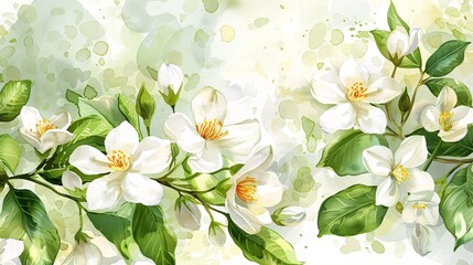 Obraz premium 131. Intricate watercolor illustration of jasmine flowers, perfect for creating elegant patterns, invitations, and greeting card designs with its white petals and green leaves