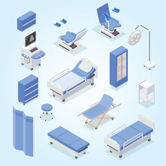 Isometric set of various medical equipment icons with hospital bed gynecological examination chair ultrasonography apparatus isolated on blue background 3d vector illustration