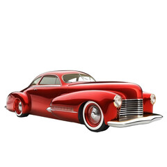 Classic red vintage car showcasing retro design and polished chrome at an automobile exhibition under bright lights in the late afternoon