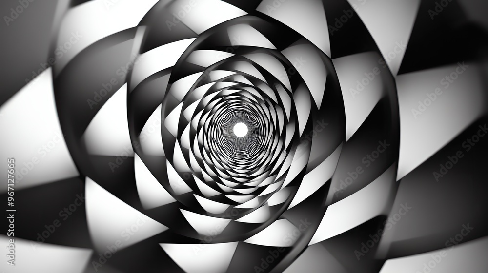 Poster a mesmerizing black and white spiral pattern, evoking depth and motion in a unique abstract design.