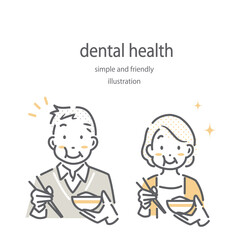 健康な歯で食事を楽しめるシニア夫婦　シンプルでお洒落な線画イラスト