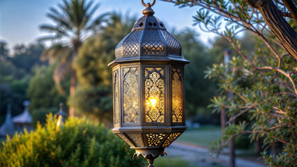 Ornate lantern glowing in the garden at dusk with palm trees in background. Ramadan