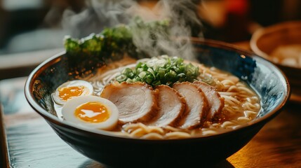 A bowl of steaming ramen noodles topped with pork slices, eggs, and vegetables, served in a rustic wooden table setting
