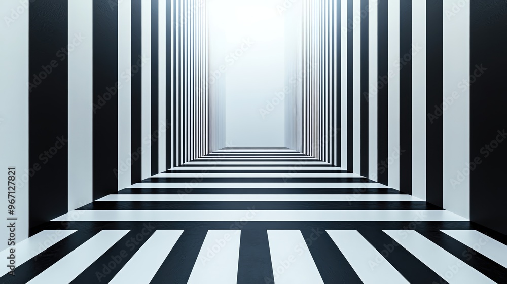 Poster a modern corridor featuring striking black and white striped patterns, creating a mesmerizing perspe