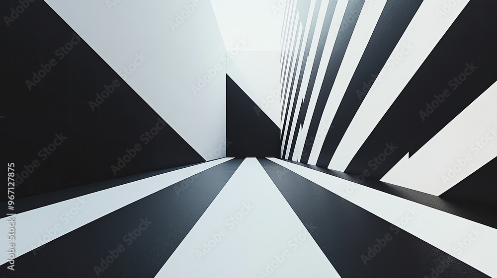 Poster a modern architectural hallway featuring striking black and white diagonal patterns, creating a sens