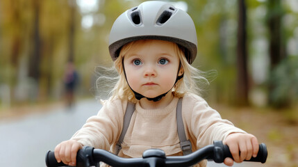 Obraz premium A little girl wearing a helmet riding on her bike, AI