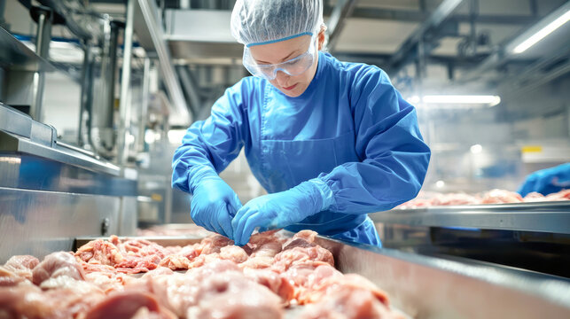 In a clean and sterile environment, a worker dressed in protective clothing skillfully cuts and inspects chicken meat, ensuring quality standards are met