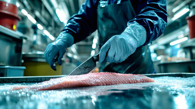 A worker in protective gear uses an electric fillet knife to expertly cut the back of a fish, immersed in the rhythm of the fish processing industry