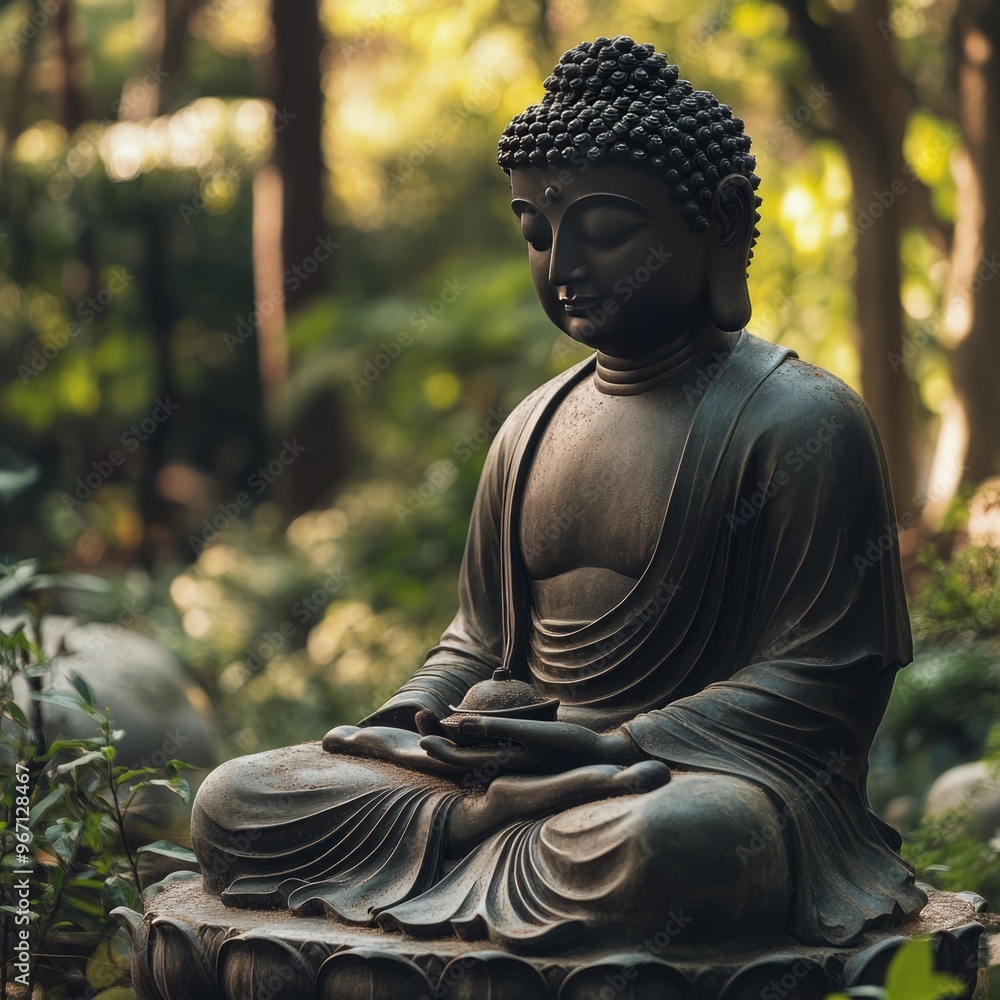 Canvas Prints A serene Buddha statue sits in a peaceful garden, surrounded by lush greenery.