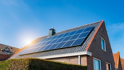 Close up to Solar Panel on the roof of Dutch House in Holland, the Netherlands. 