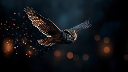 Fototapeta premium A majestic owl in flight, surrounded by a magical atmosphere with soft glowing lights in the background, showcasing its beauty and grace.