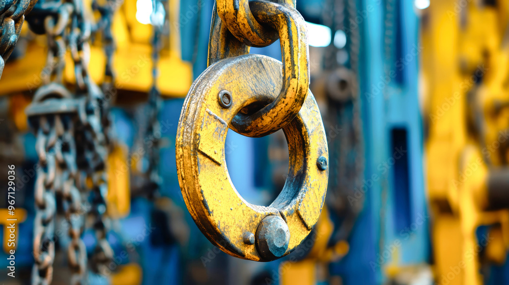 Poster close-up view of heavy lifting hooks surrounded by various metal components, highlighting a dynamic 