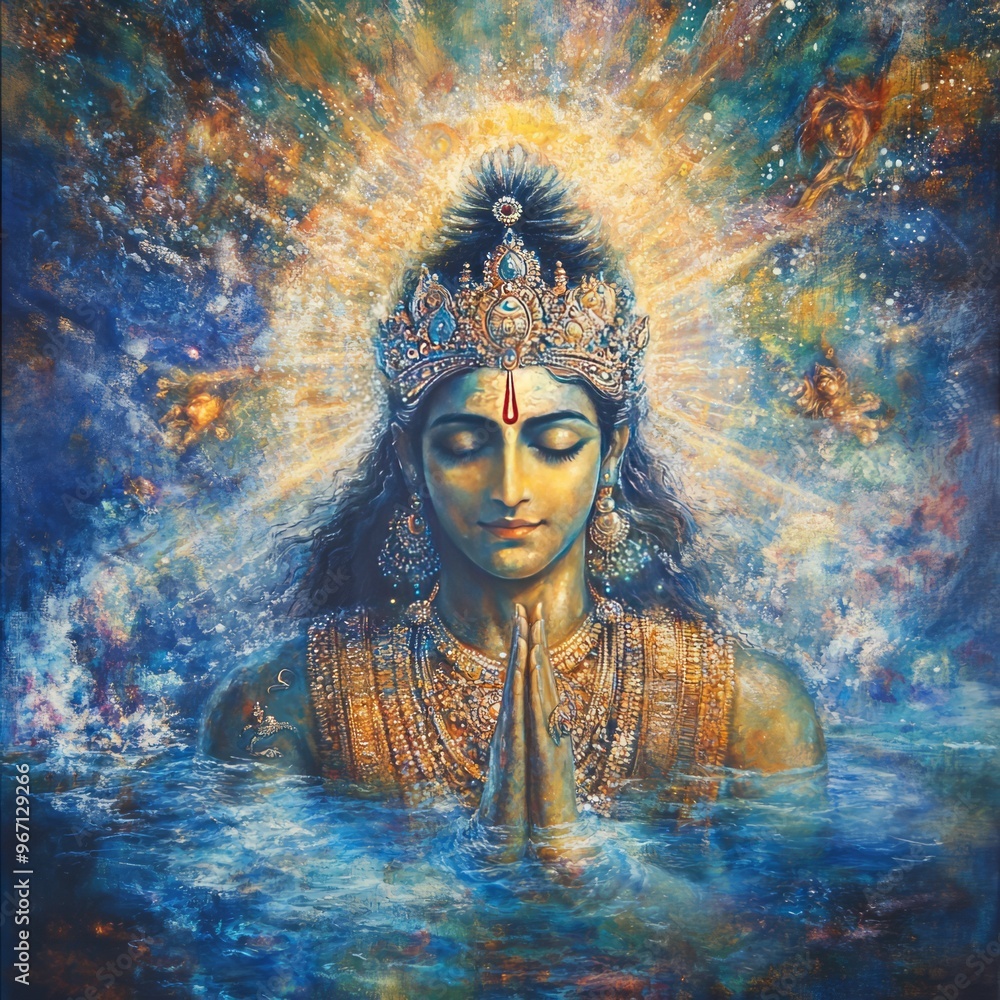 Canvas Prints A serene depiction of a Hindu deity with a crown and glowing halo,  standing in water and holding hands in prayer.