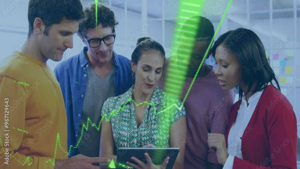 Poster animation of financial data processing over diverse colleagues using tablet in office